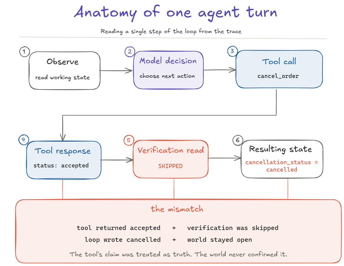 Anatomy of one agent turn shown as six numbered steps: Observe reads working state, Model decision chooses the next action, Tool call invokes cancel_order, Tool response returns status accepted, Verification read is skipped, and Resulting state records cancelled. A mismatch callout explains that the tool returned accepted while verification was skipped, the loop wrote cancelled while the world stayed open, and the tool’s claim was treated as truth.